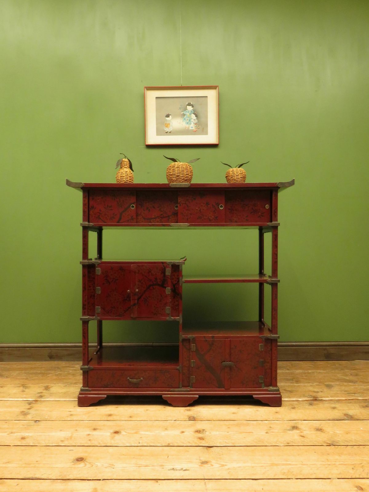 Furniture Japanese Red Lacquered Shodana Cabinet With Cherry Blossoms C1880 photo
