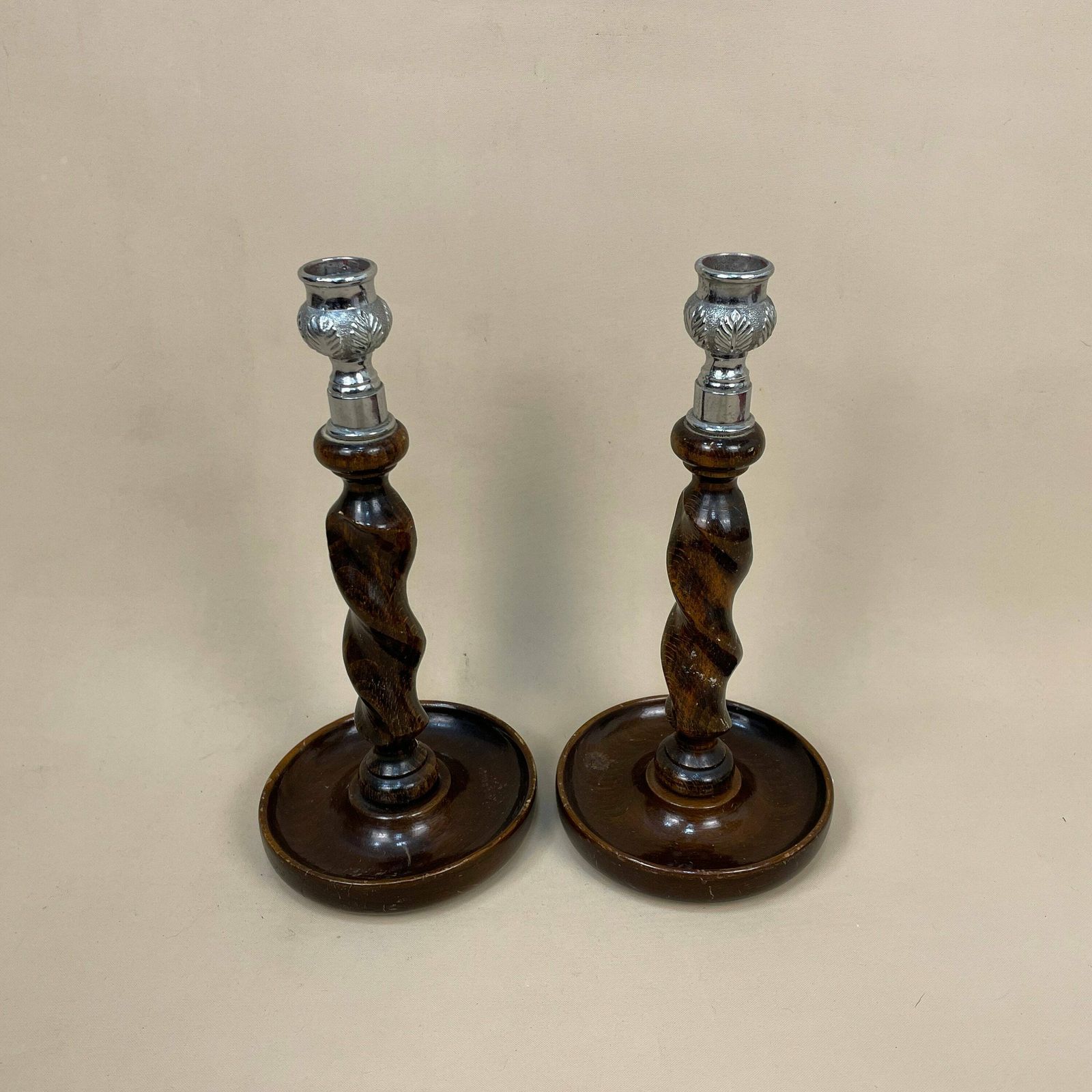 Antique Matching Pair Of Wooden Silver Metal Top Candlestick Candle Stick Vintage Dinner Candlesticks Lamp Wood Ornate Patterned Twisted
