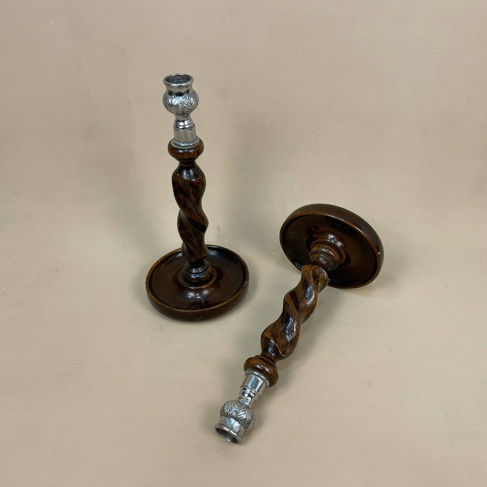 Antique Matching Pair Of Wooden Silver Metal Top Candlestick Candle Stick Vintage Dinner Candlesticks Lamp Wood Ornate Patterned Twisted photo 55.0