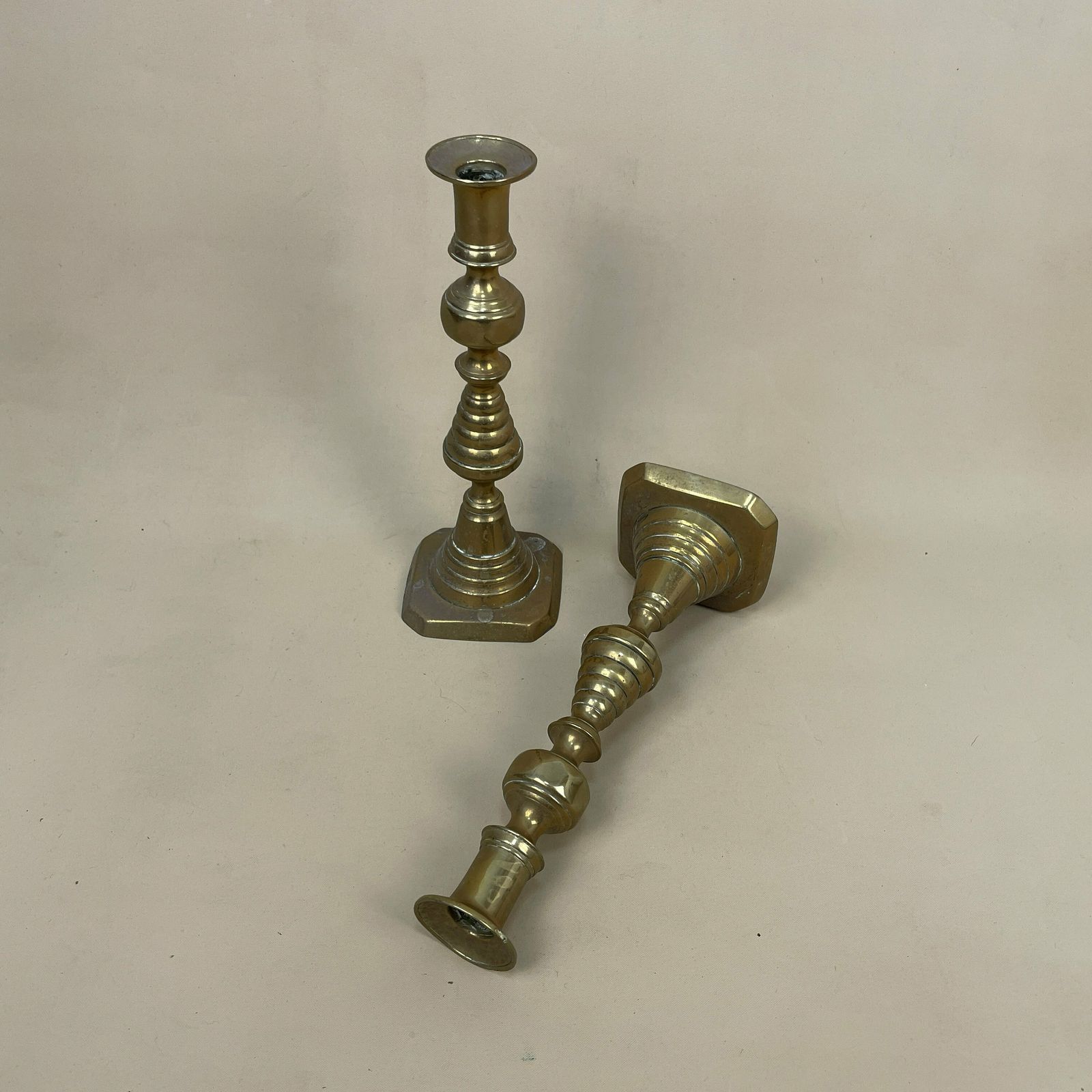 Antique Matching Pair Of Gold Brass Metal Candlestick Candle Stick Vintage Column Taper Dinner Candlesticks Square Base Column Pillar photo furniture