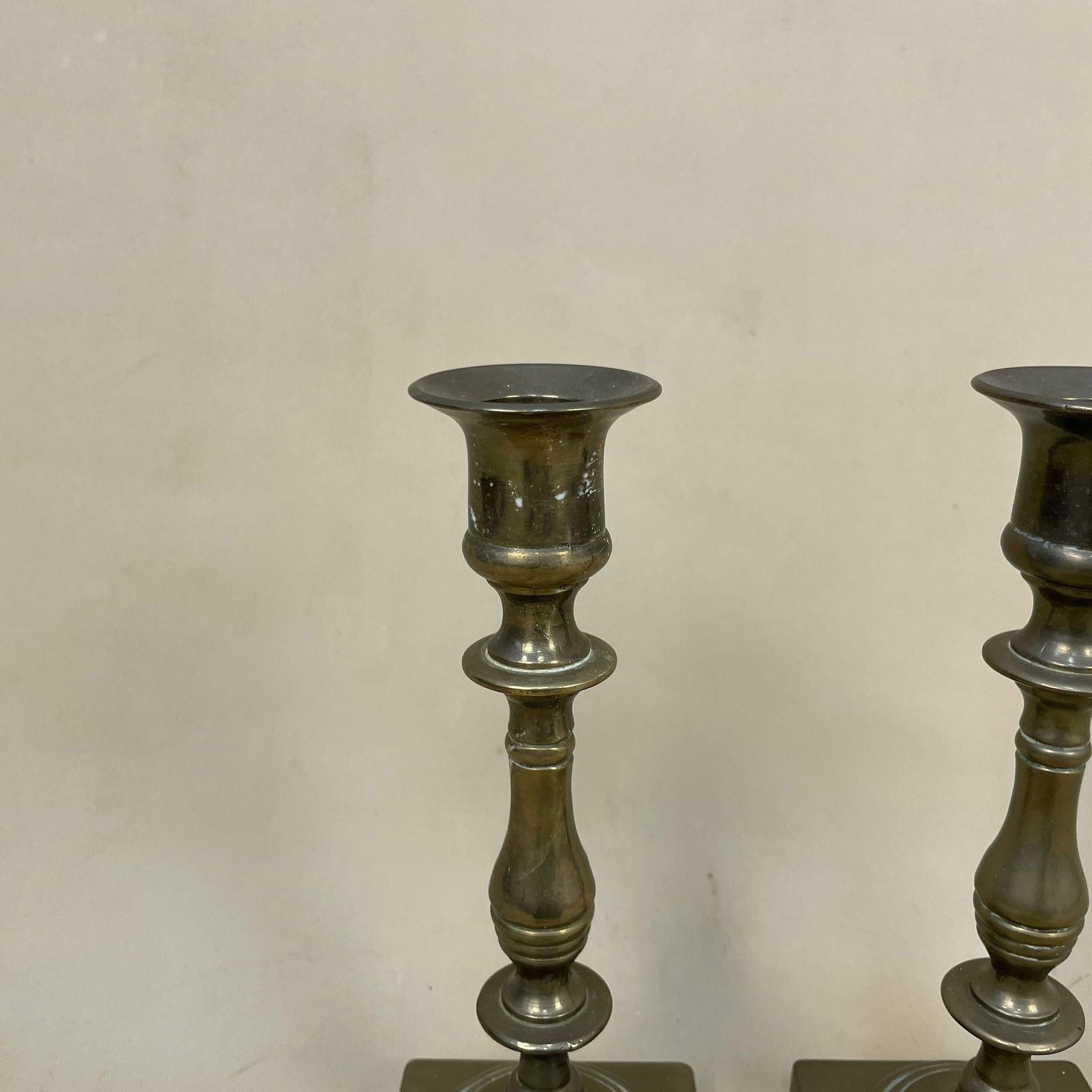 Antique Matching Pair Of Gold Brass Metal Candlestick Candle Stick Vintage Column Taper Dinner Candlesticks Square Base Column Pillar Feet photo for sale
