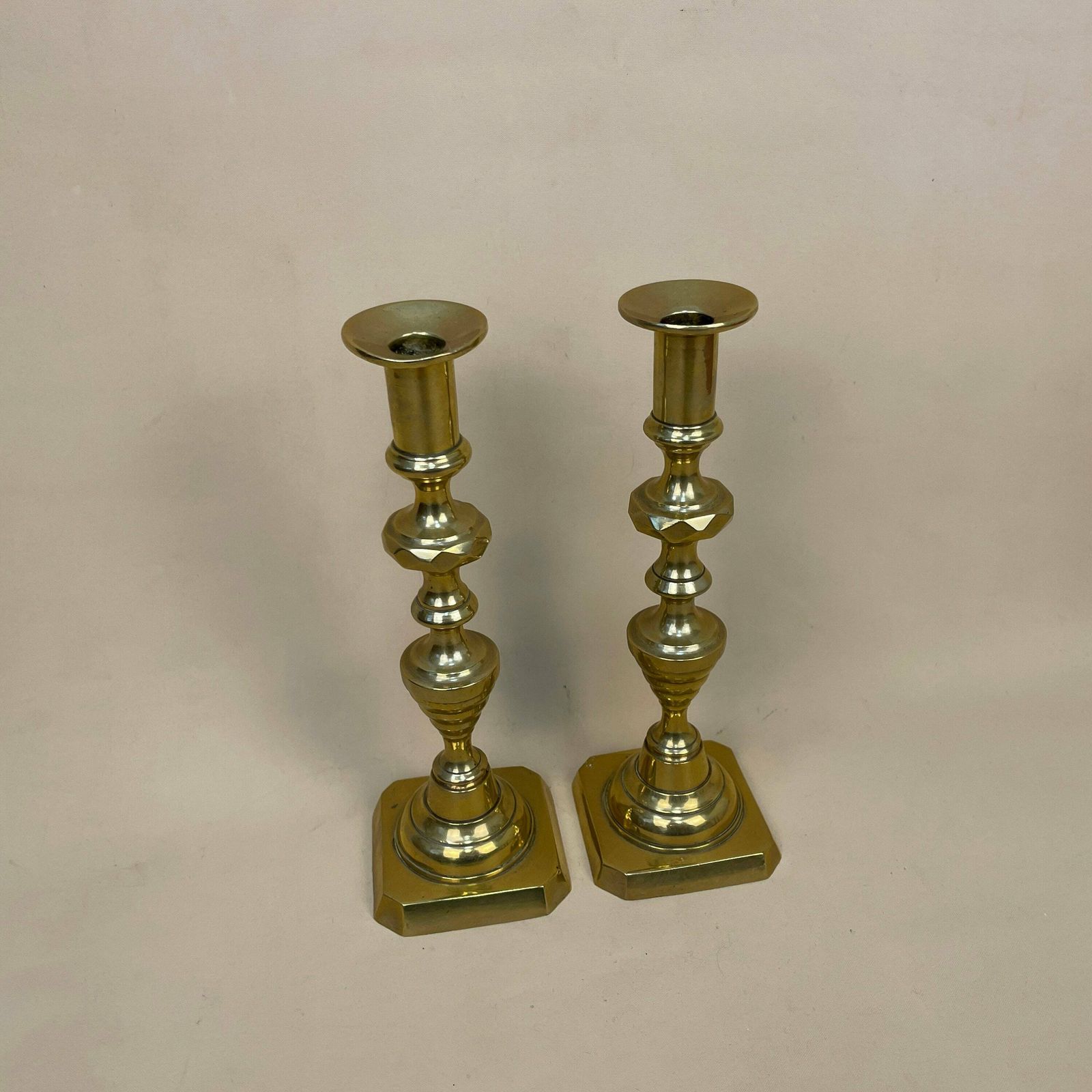 Antique Matching Pair Of Gold Brass Metal Candlestick Candle Stick Vintage Column Taper Dinner Candlesticks Square Base Column Pillar photo furniture