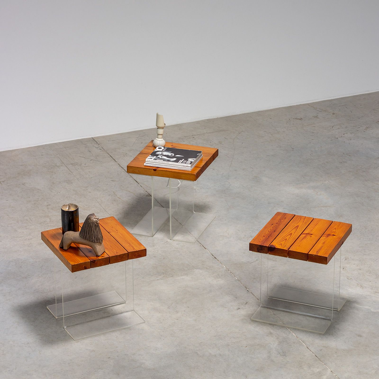 Set Of Three Occasional Side Tables Made Of Plexiglass And Elm Wood, 1970 France photo 1550.0