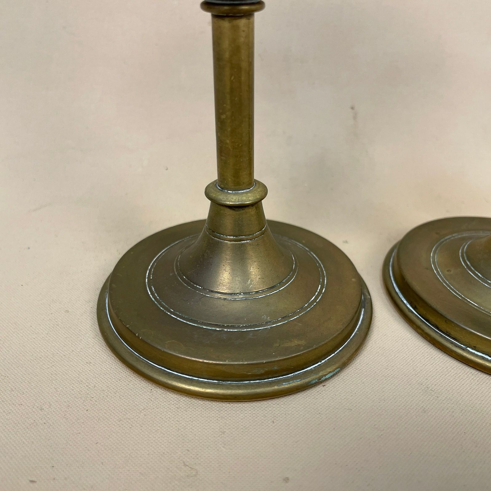 Antique Matching Pair Of Gold Brass Metal Candlestick Candle Stick Vintage Column Taper Dinner Candlesticks Round Base Column Pillar photo buy