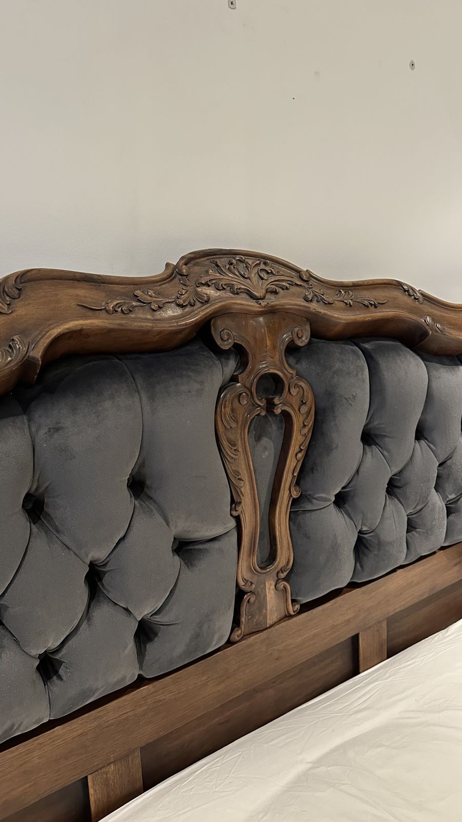 Antique French Bed Dark Wood With Charcoal Velvet photo vintage