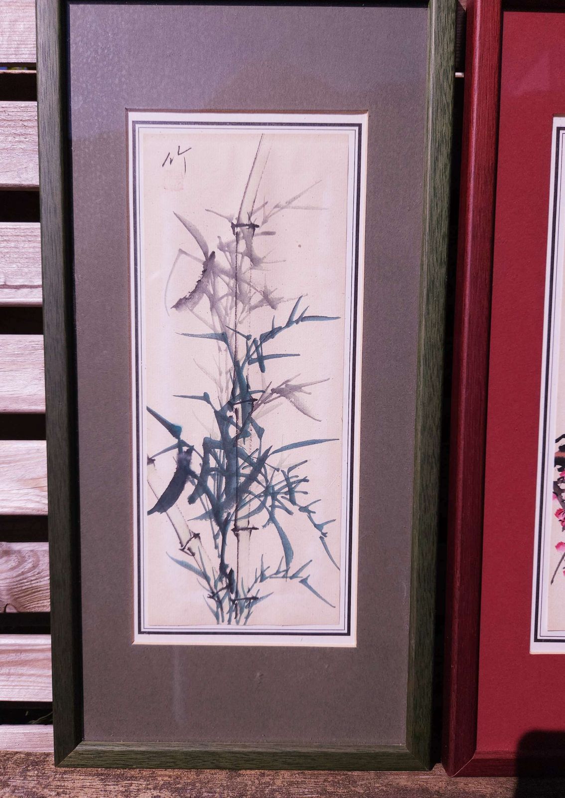 Pair Of Pretty Japanese Watercolours, Pink Cherry Blossom & Green Bamboo photo for sale