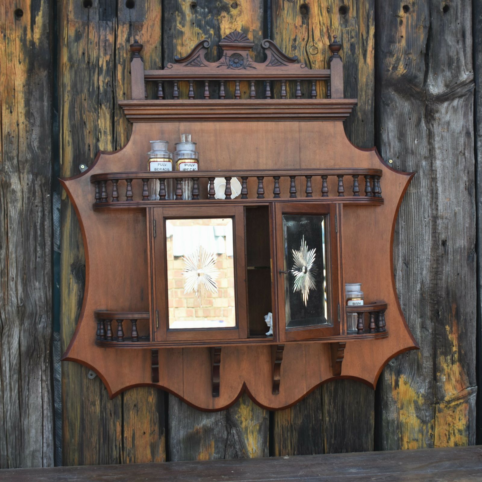 Antique Rare Sunburst Etched Mirror Doors Mahogany Bathroom Wall Display Cabinet photo 345.0