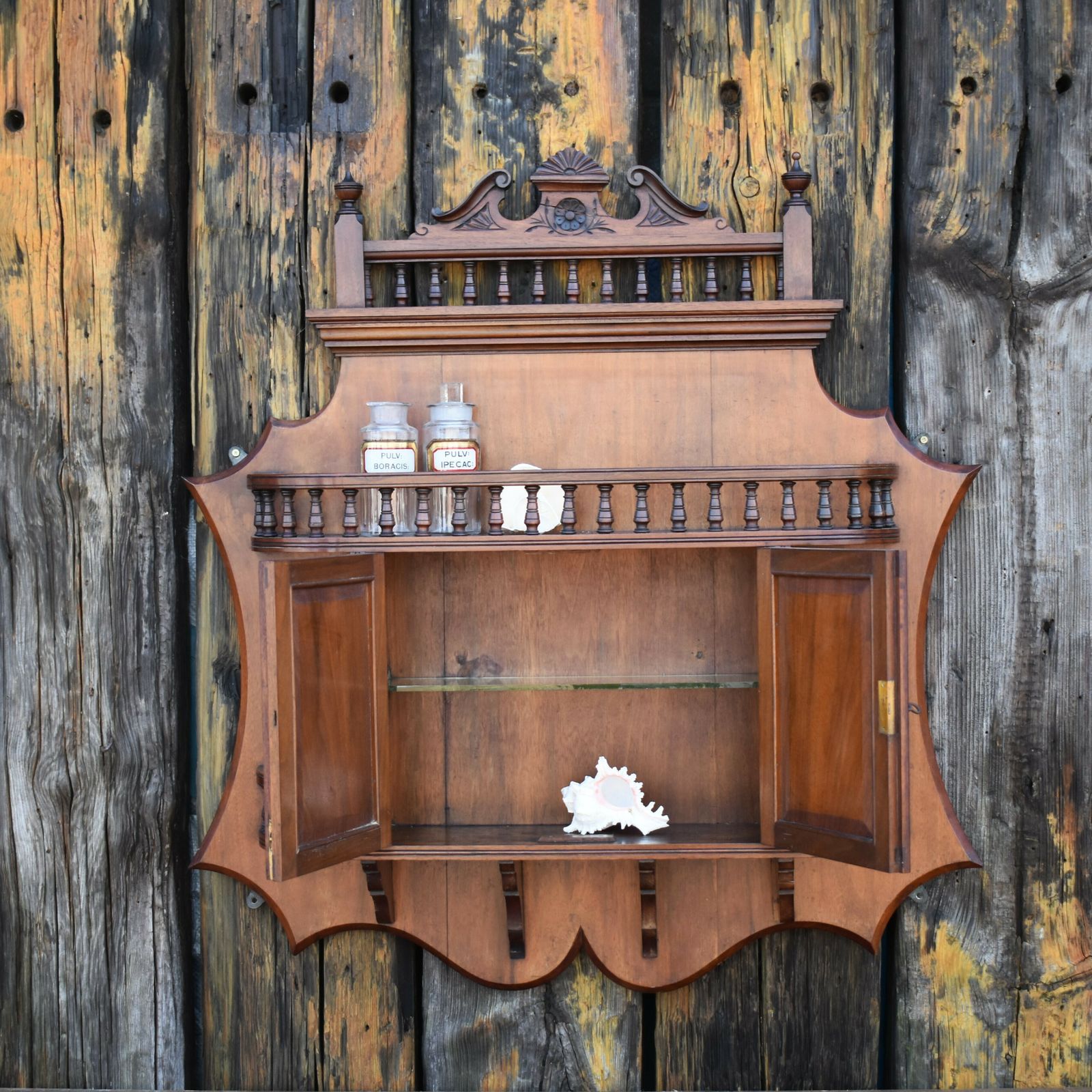 photo vinterior Antique Rare Sunburst Etched Mirror Doors Mahogany Bathroom Wall Display Cabinet