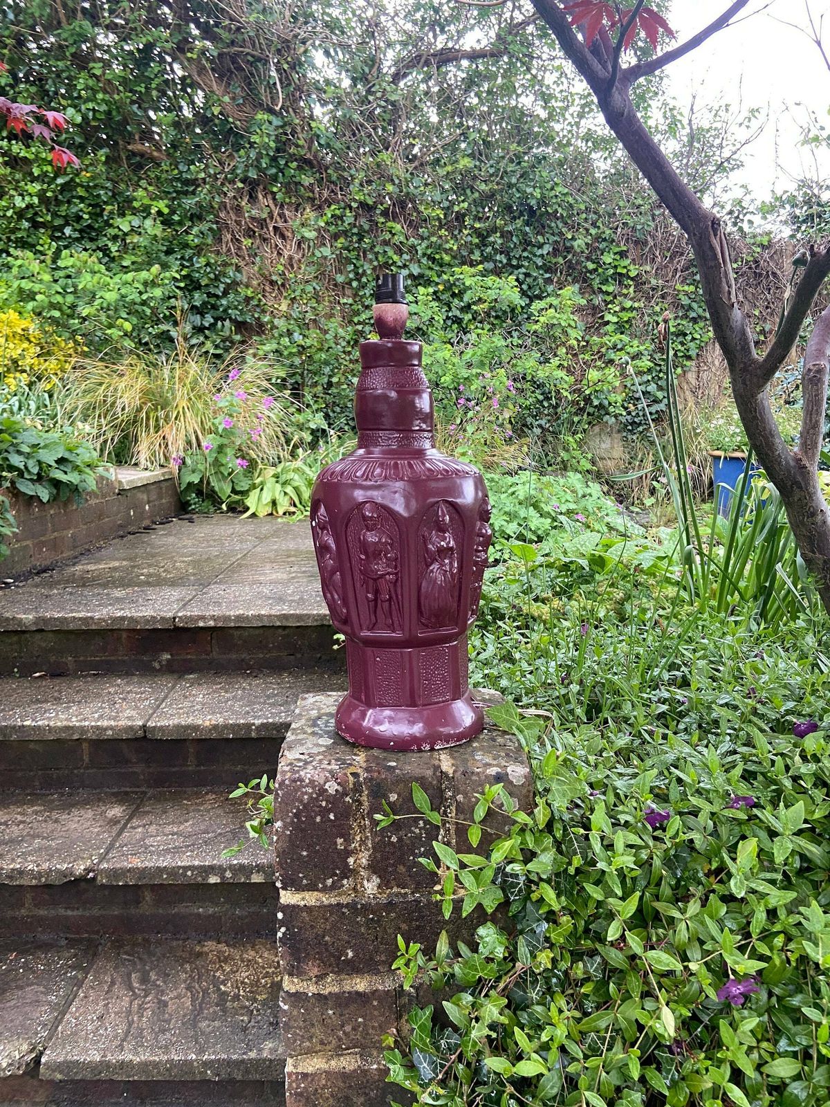 Quirky 1960s 70s Large Ceramic Lamp   Wine Red, Maroon, Bottle Shape, Knicks And Maidens Motif, Working Lamp, Retro Lamp, Upcycle