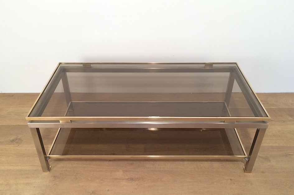 Table Basse à Double Plateau En Acier Brossé Et Laiton De Guy Lefèvre Pour La Maison Jansen