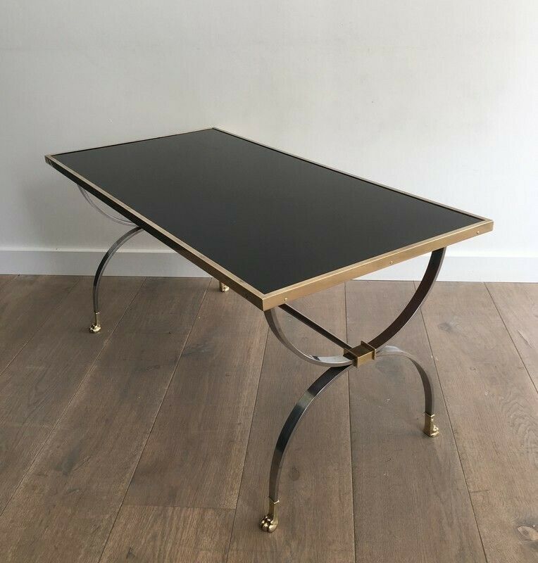 Maison Jansen. Rare Brushed Steel And Brass Neoclassical Style Coffee Table With Claw Feet And Black Lacquered Glass Top. French. Circa 19 photo furniture
