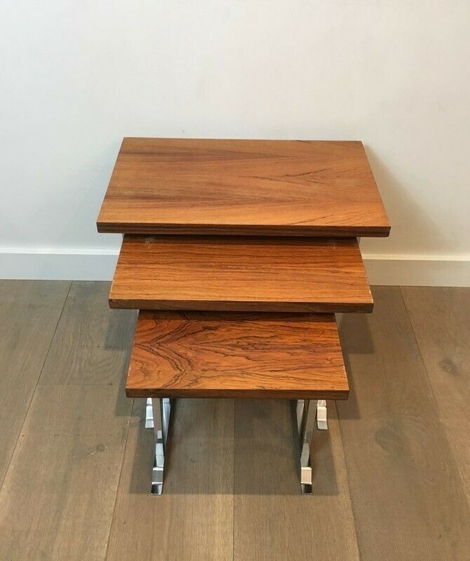 Set Of 3 Exotic Wood And Chrome Nesting Tables photo for sale