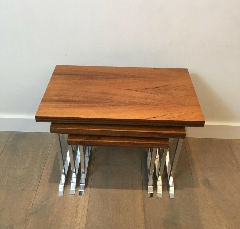 Set Of 3 Exotic Wood And Chrome Nesting Tables photo Furniture