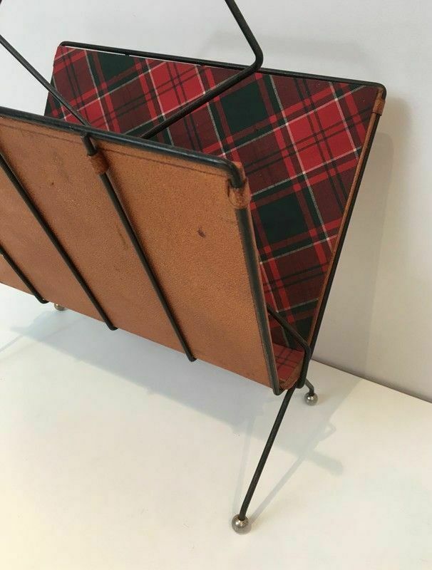Magazine Rack In Black Lacquered Metal, Leather And Checkered Fabrics photo vinterior