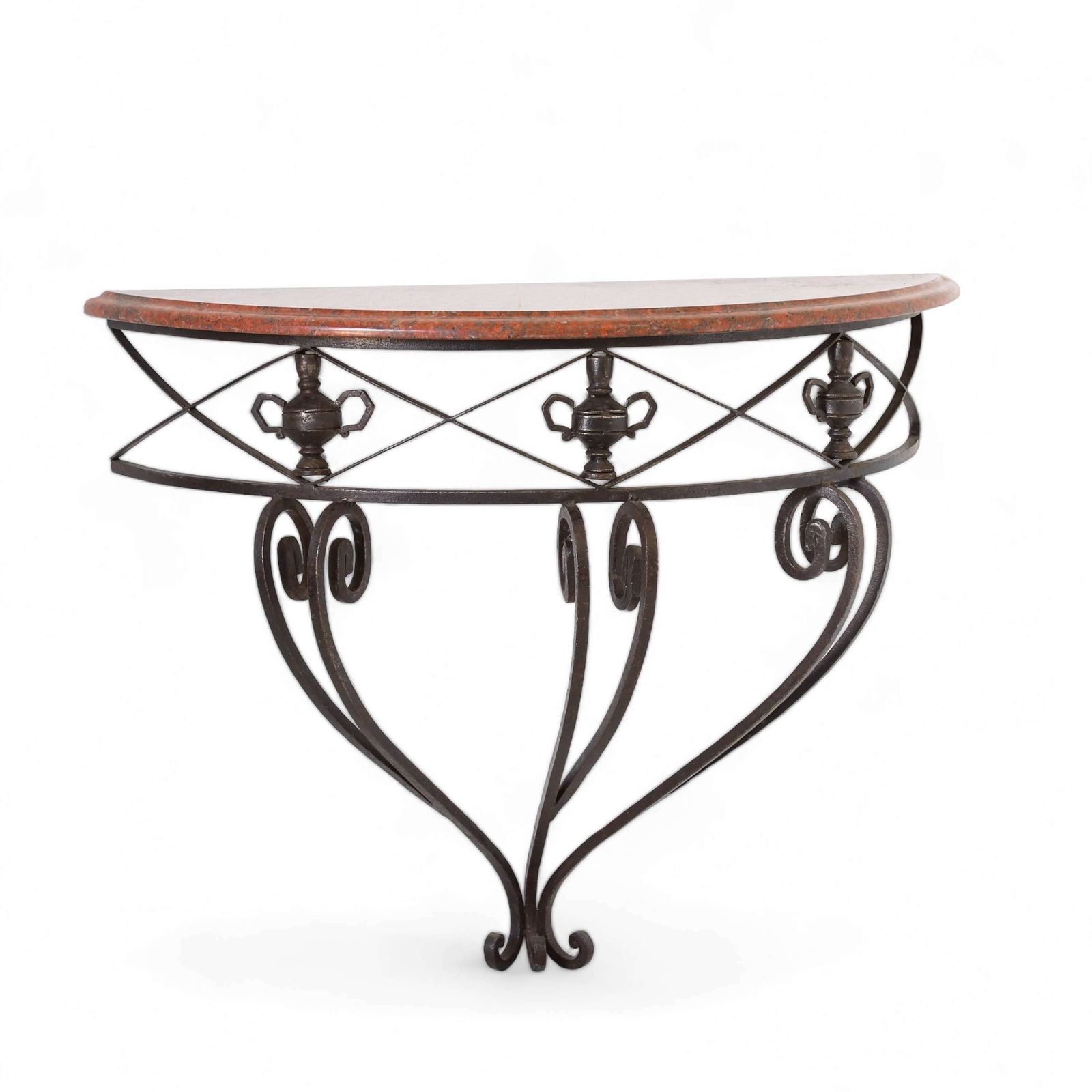 French Mid Century Wrought Iron Demi Lune Console Granite Top