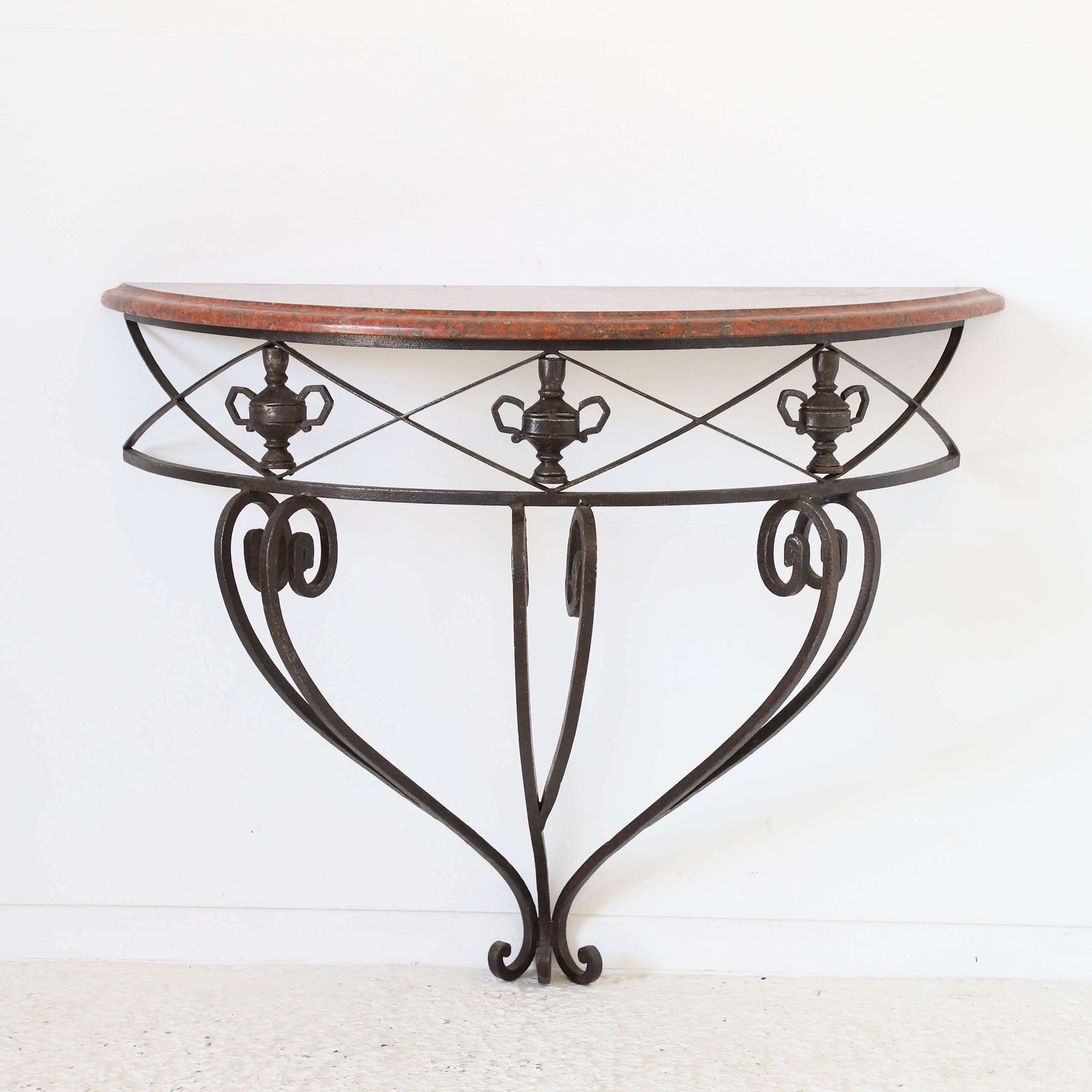 French Mid Century Wrought Iron Demi Lune Console Granite Top photo Furniture