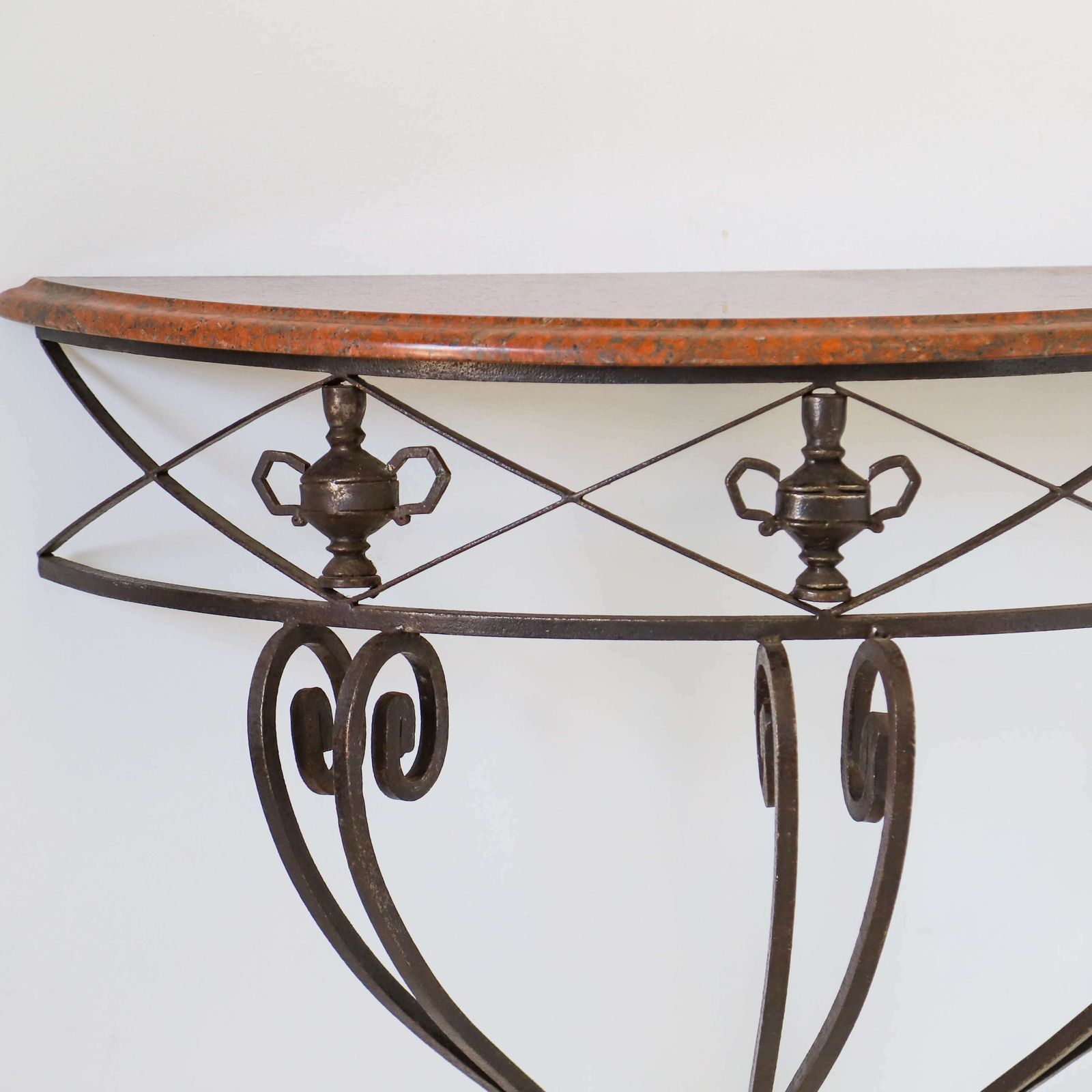 photo buy French Mid Century Wrought Iron Demi Lune Console Granite Top