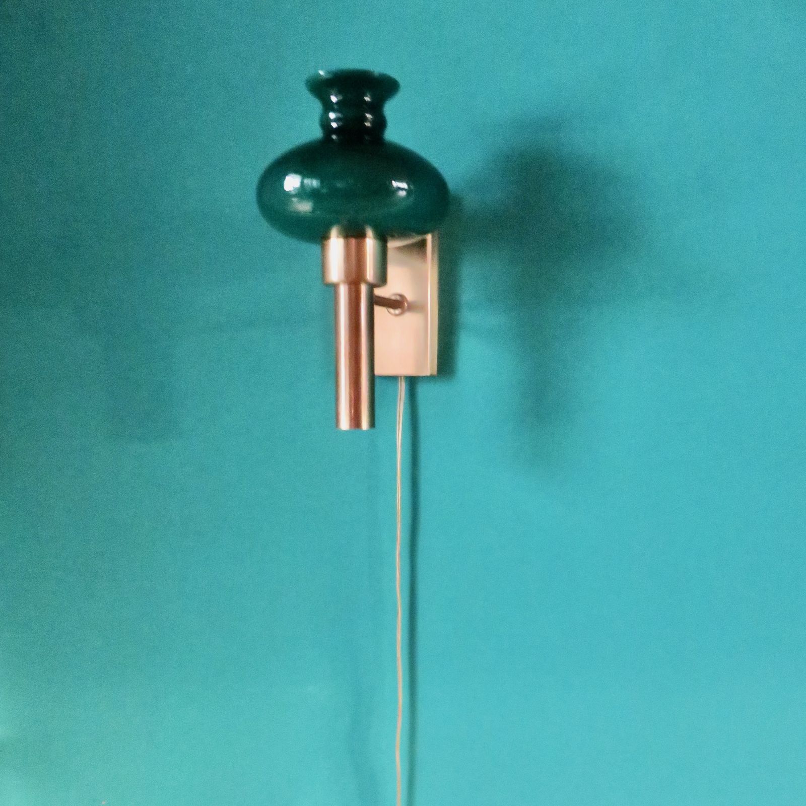Brushed Brass Wall Lamp With “Vitrika” Green Glass Shade. Denmark 1980 photo Lighting