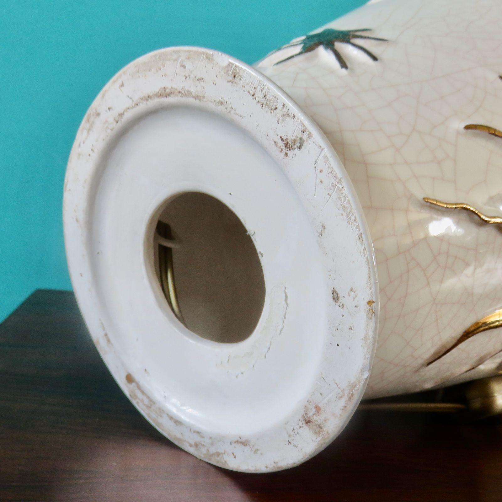 Lighting Large Ecru Cracked "Longwy" Earthenware Lamp With Bas Relief Of Suns And Stars. France 1945 1950 photo