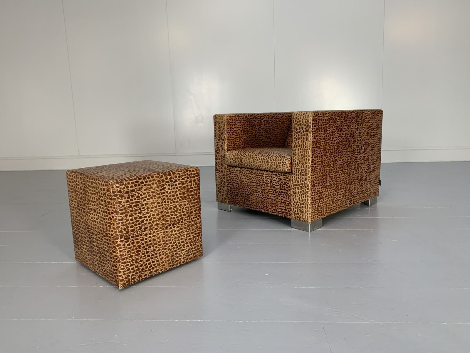 Minotti “Suitcase Line” Armchair & Ottoman – In Crocodile Leather