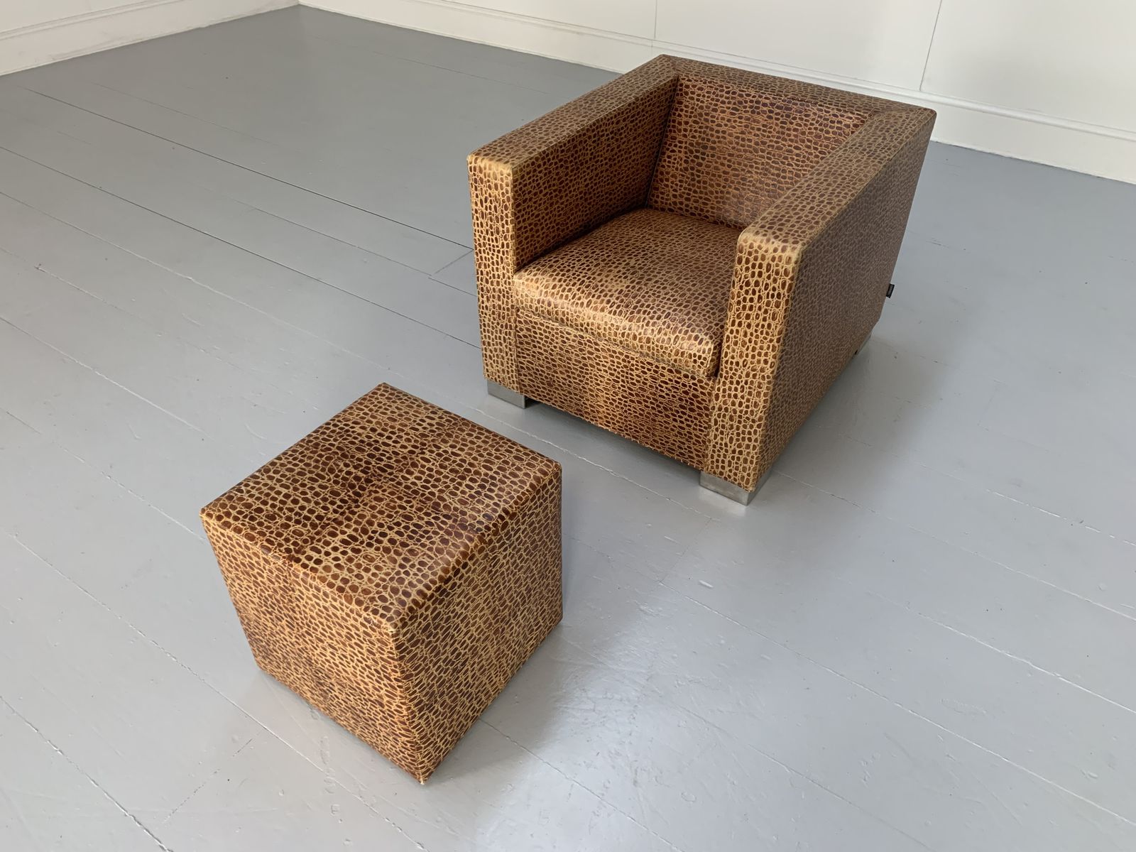 Minotti “Suitcase Line” Armchair & Ottoman – In Crocodile Leather photo for sale