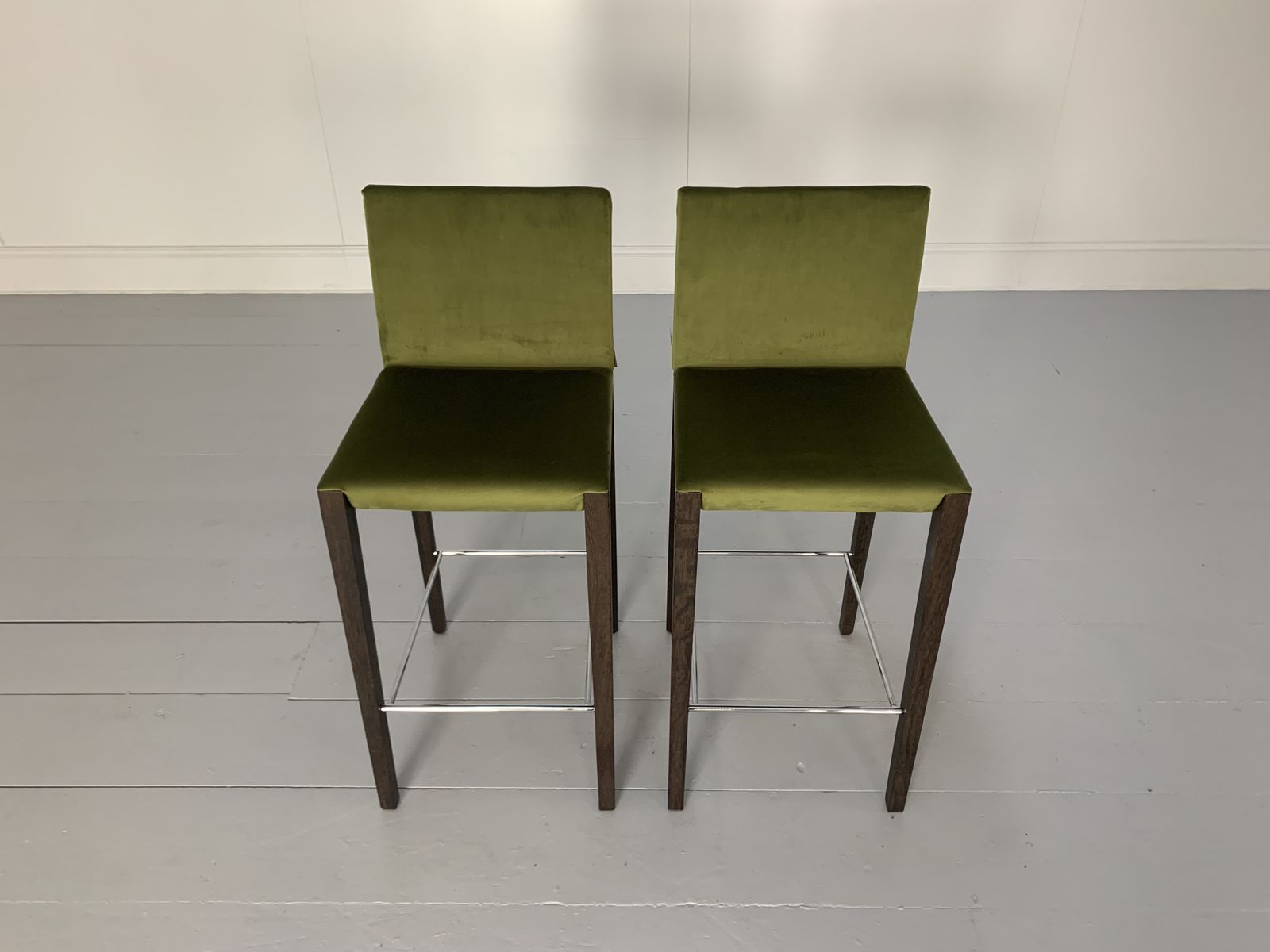 Pair Of Walter Knoll “Andoo” Bar Stools – In Green Velvet & Walnut photo furniture