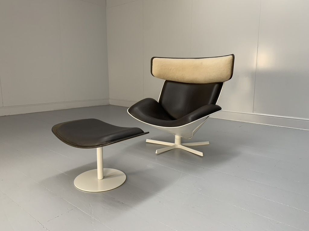 B&B Italia “Almora” Lounge Armchair & Footrest – In Merino & Grey Leather