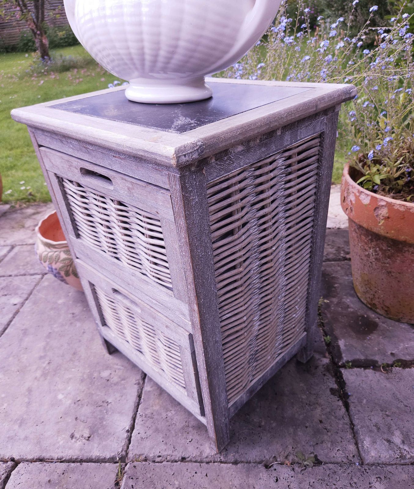 Small, Grey Wicker Bedside Or Occasional Table With Drawers & Slate Top photo for sale