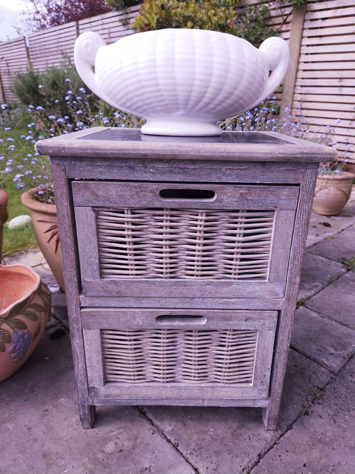 Small, Grey Wicker Bedside Or Occasional Table With Drawers & Slate Top photo Furniture