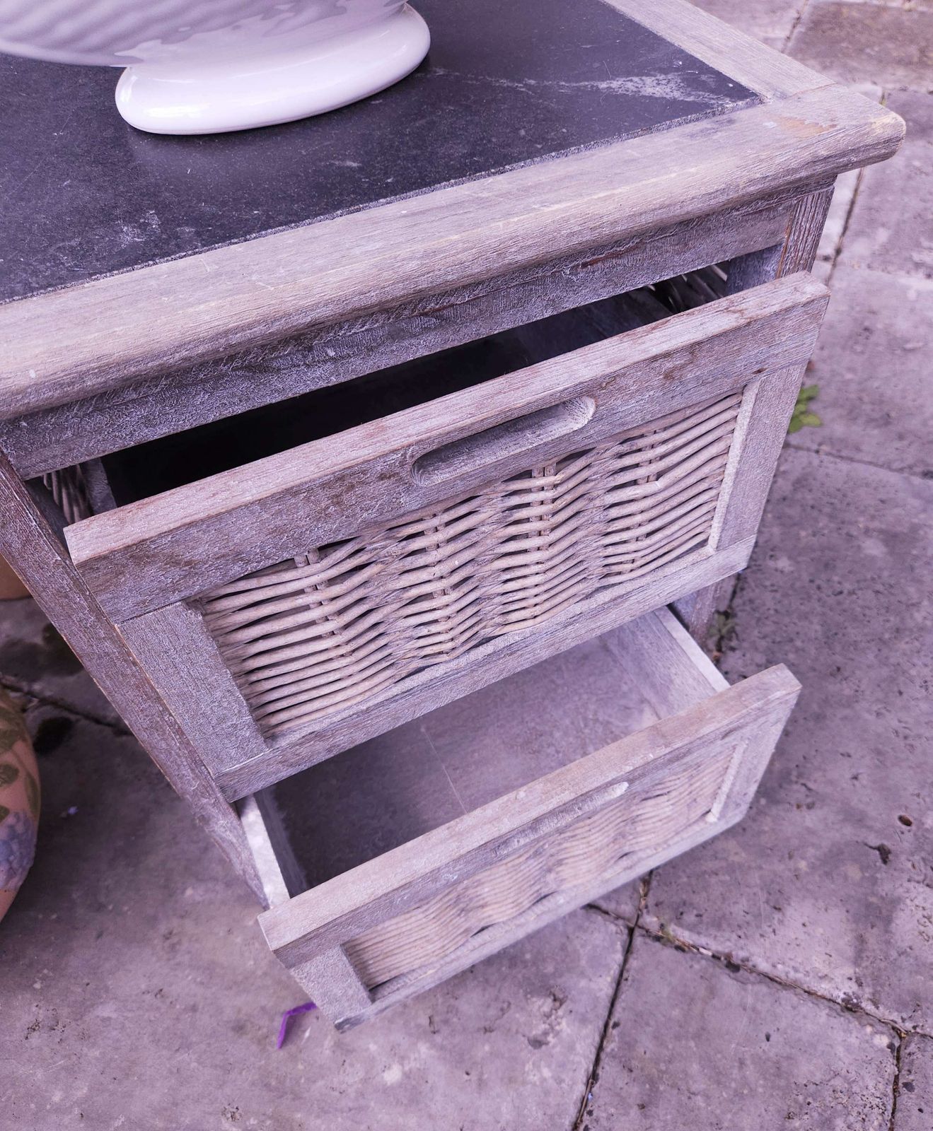Small, Grey Wicker Bedside Or Occasional Table With Drawers & Slate Top photo vinterior