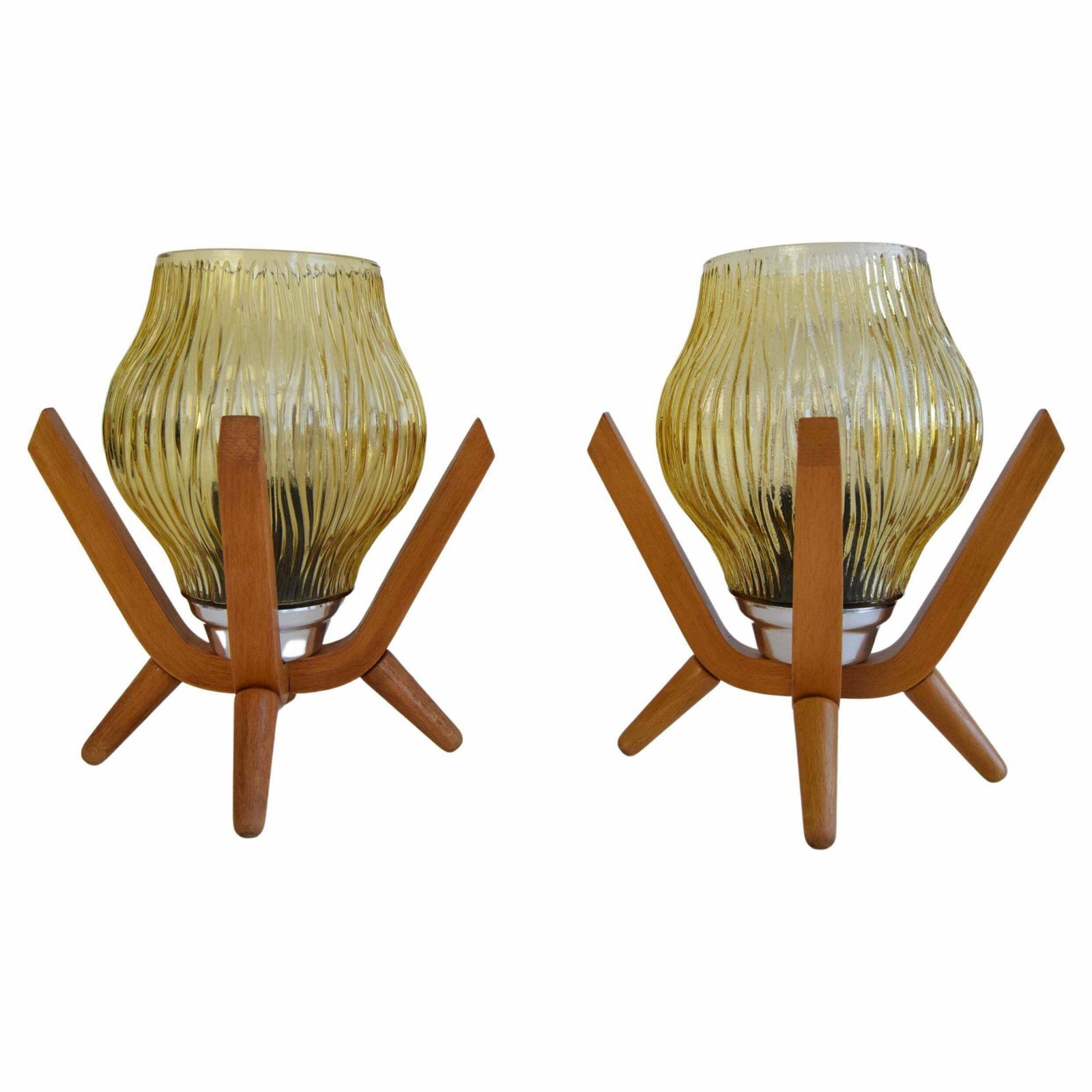 Pair Of Mid Century Wooden Design Table Lamps, By Dřevo Humpolec, 1970's.