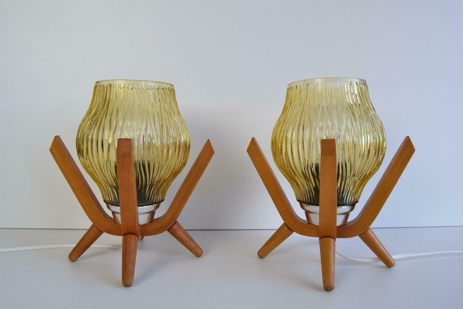 Pair Of Mid Century Wooden Design Table Lamps, By Dřevo Humpolec, 1970's. photo furniture