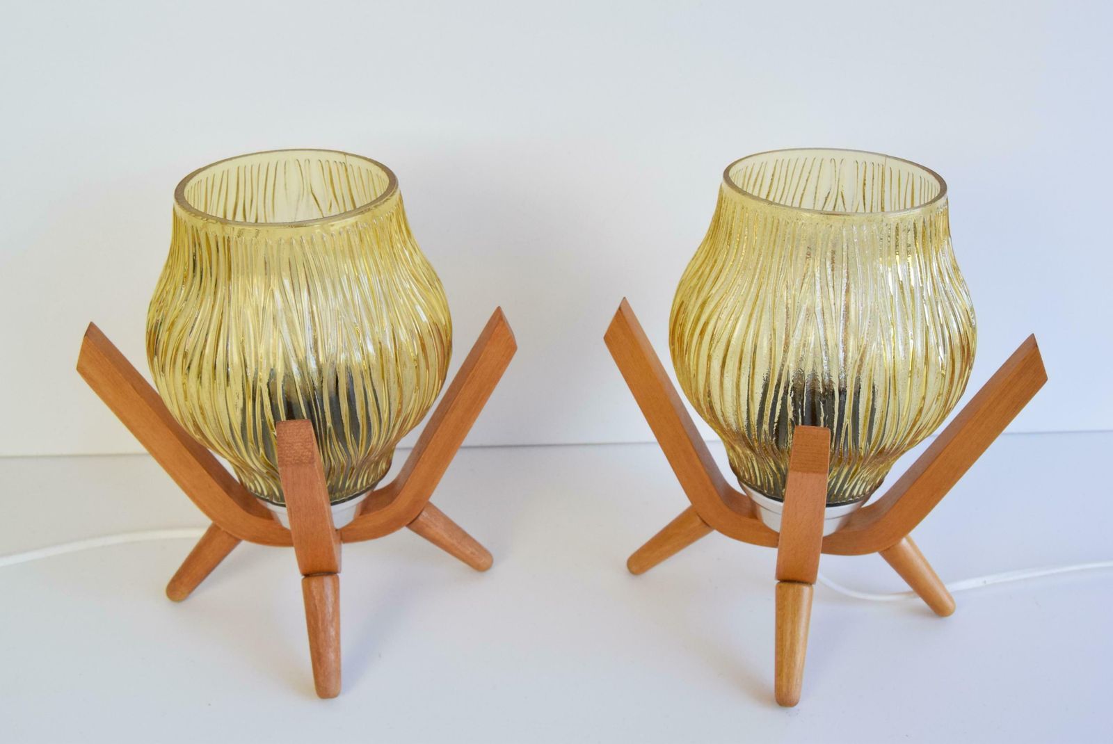 Pair Of Mid Century Wooden Design Table Lamps, By Dřevo Humpolec, 1970's. photo for sale