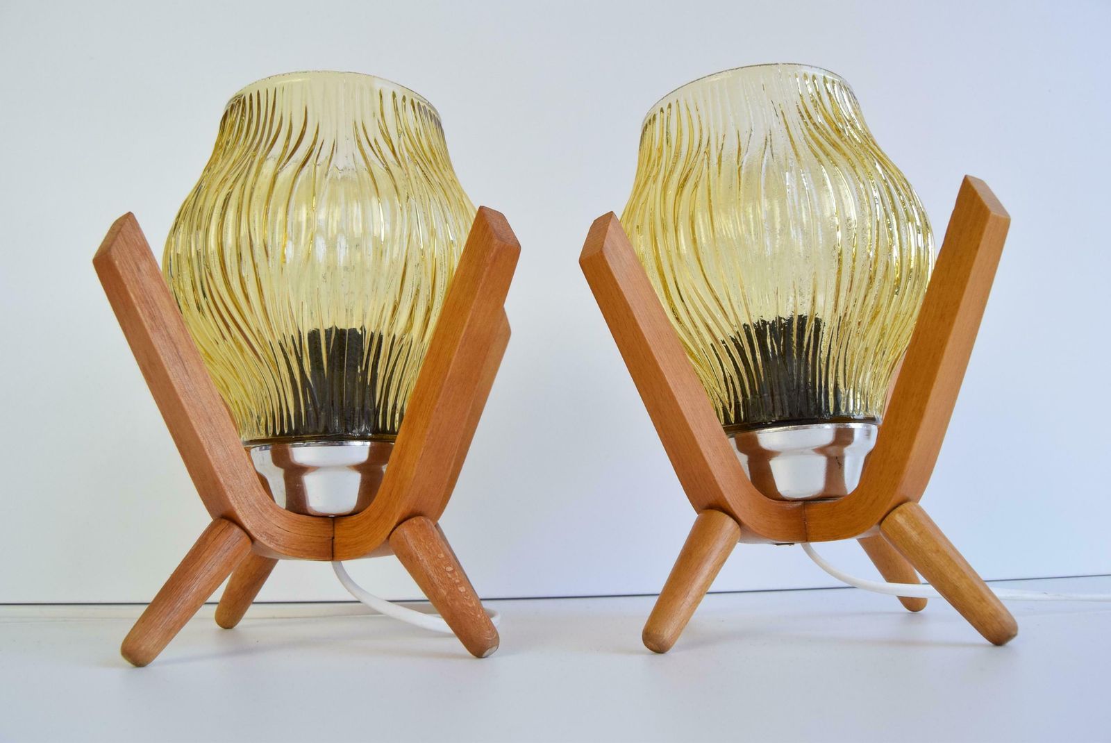Pair Of Mid Century Wooden Design Table Lamps, By Dřevo Humpolec, 1970's. photo vintage