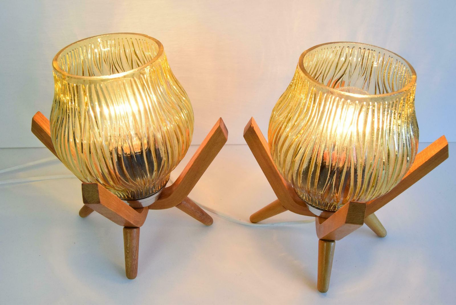 Lighting Pair Of Mid Century Wooden Design Table Lamps, By Dřevo Humpolec, 1970's. photo