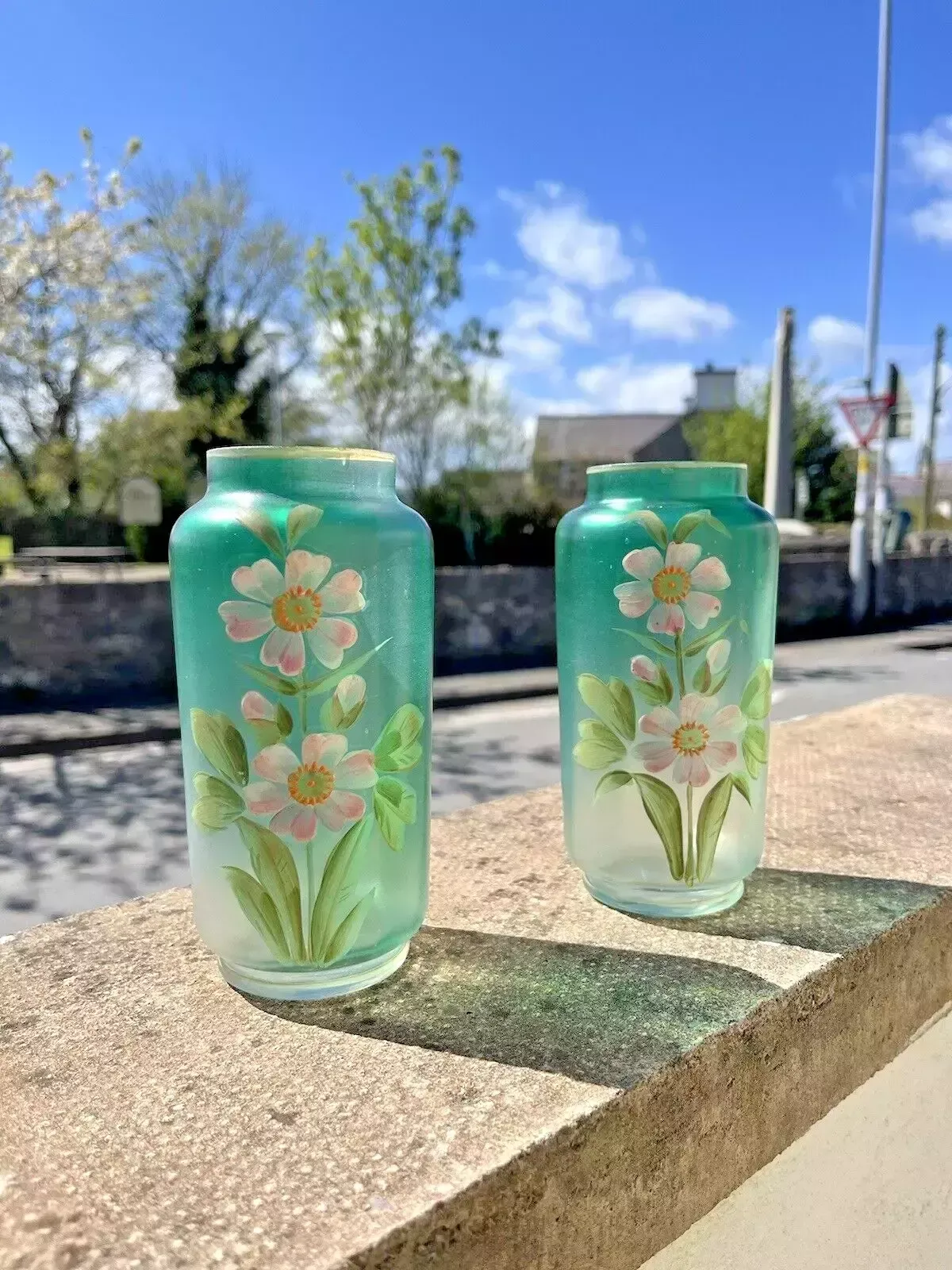 Pair Of Art Nouveau Bohemian Green Enamel Painted Floral Vases Carl Goldberg