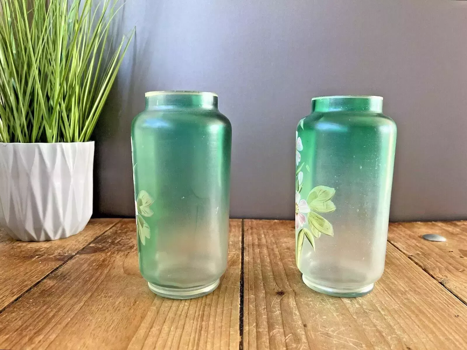 Pair Of Art Nouveau Bohemian Green Enamel Painted Floral Vases Carl Goldberg photo 220.0