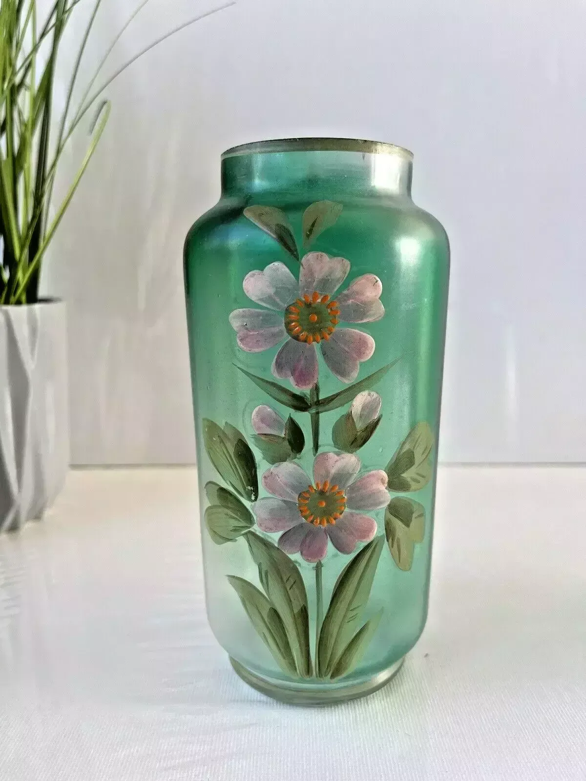 photo vinterior Pair Of Art Nouveau Bohemian Green Enamel Painted Floral Vases Carl Goldberg