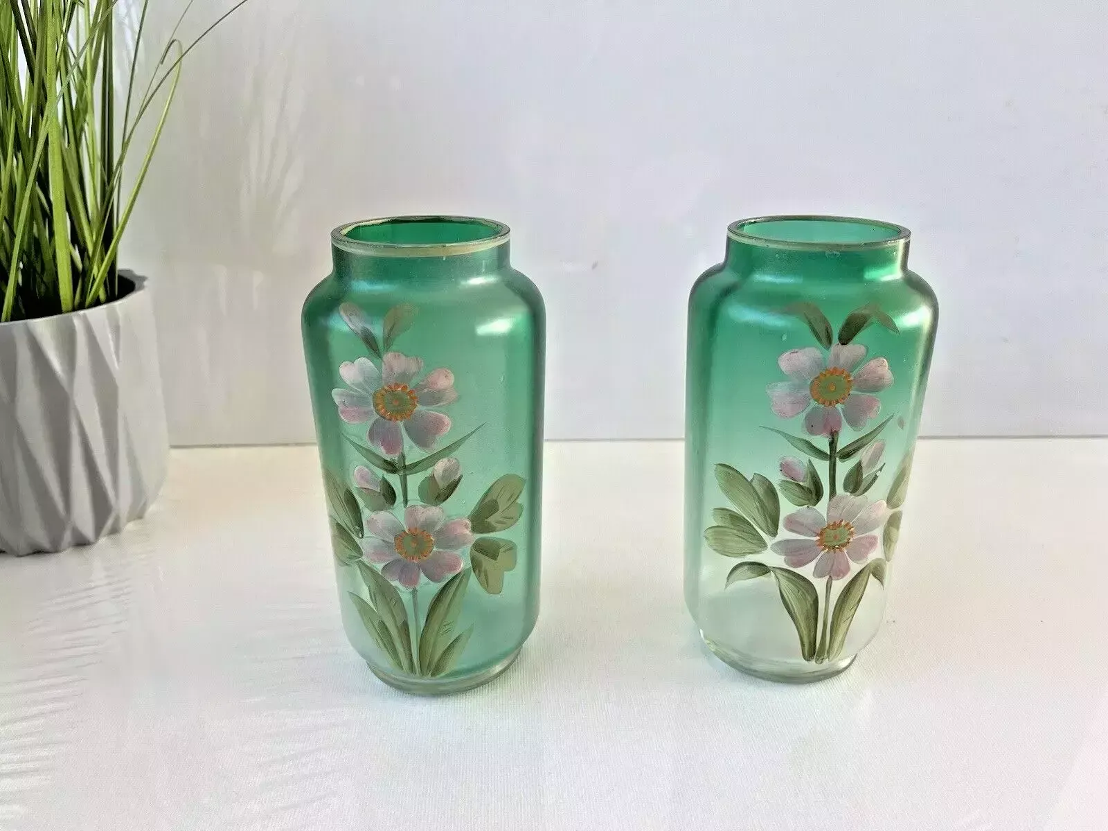 photo buy Pair Of Art Nouveau Bohemian Green Enamel Painted Floral Vases Carl Goldberg