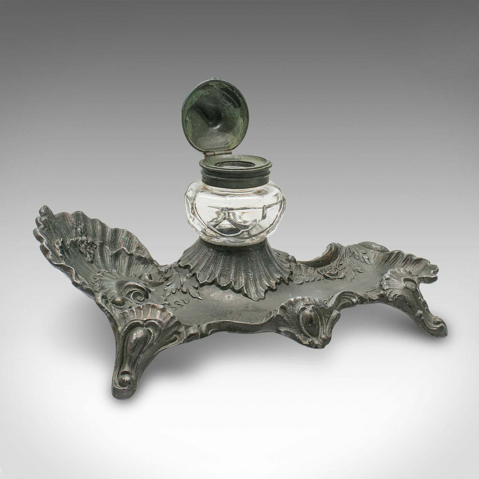 Antique Art Nouveau Ink Well, French, Pewter, Decorative Pen Tray, Victorian