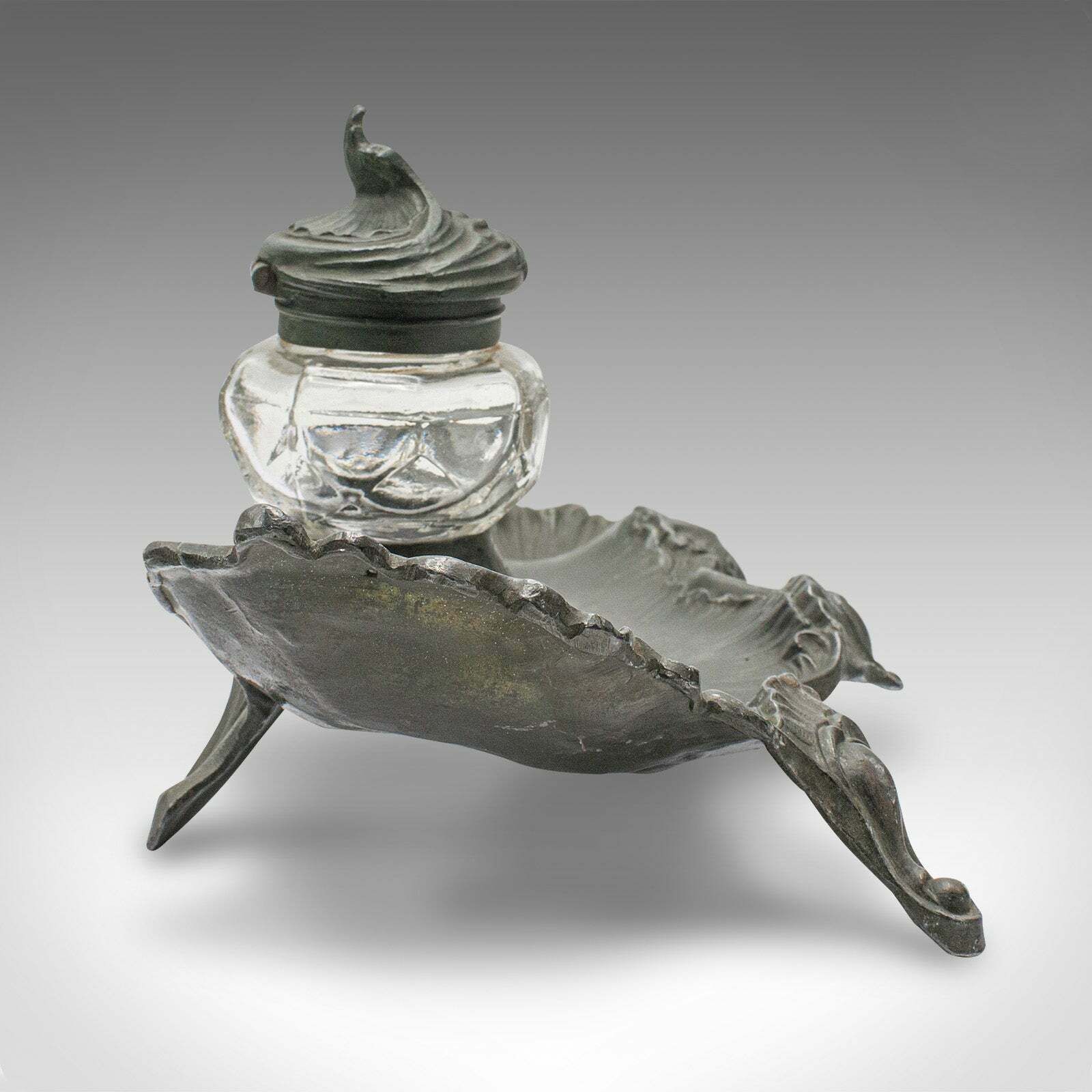 Antique Art Nouveau Ink Well, French, Pewter, Decorative Pen Tray, Victorian photo Home Decor