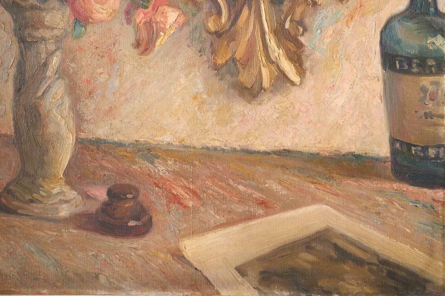 Early 20th Century Oil On Canvas Painting Of A Mirror With Flowers photo buy