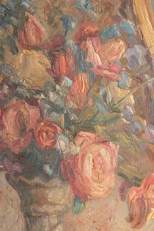 Early 20th Century Oil On Canvas Painting Of A Mirror With Flowers photo vintage