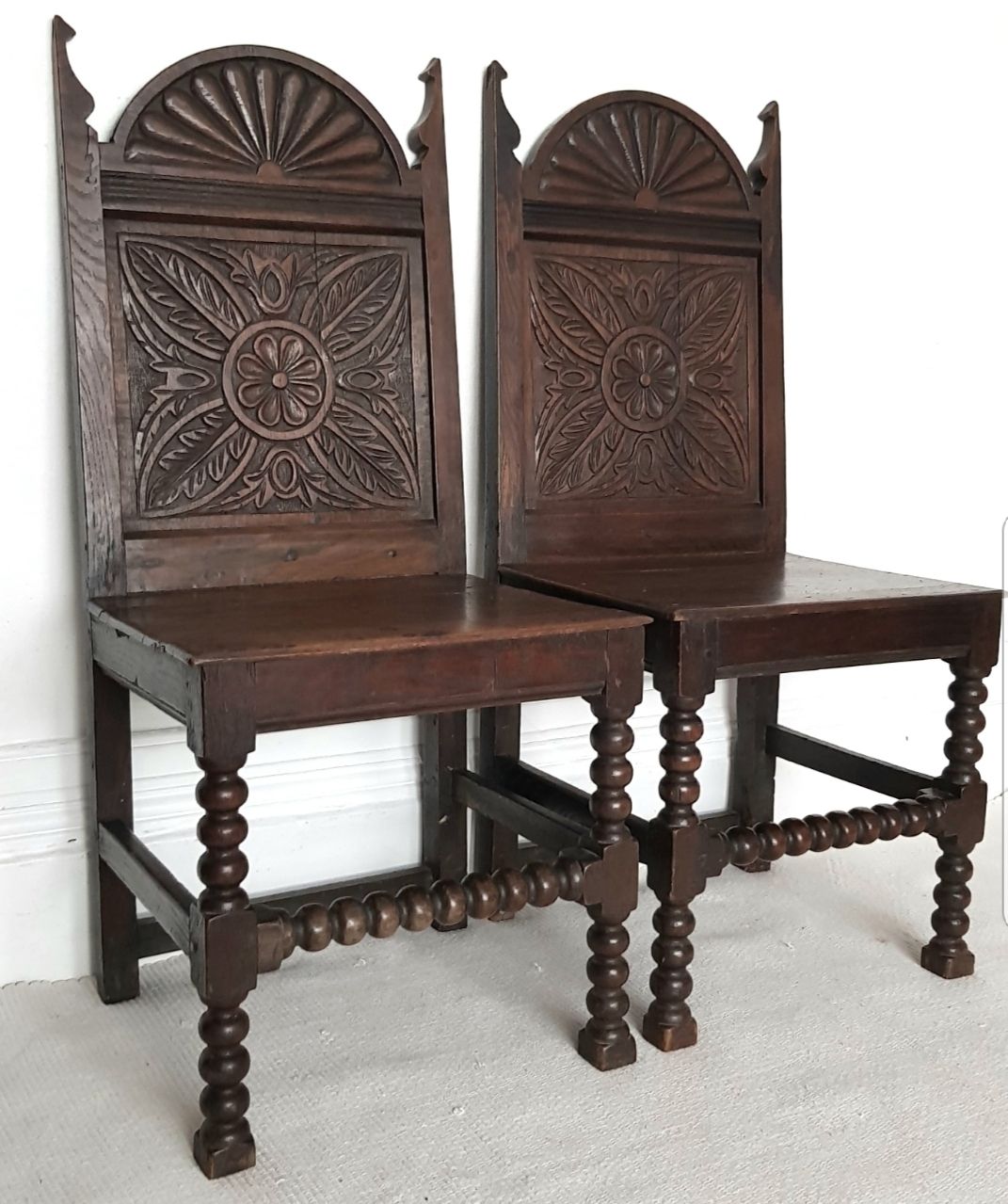 A Pair Of 16th Century Carved Oak Hall Chairs. photo for sale