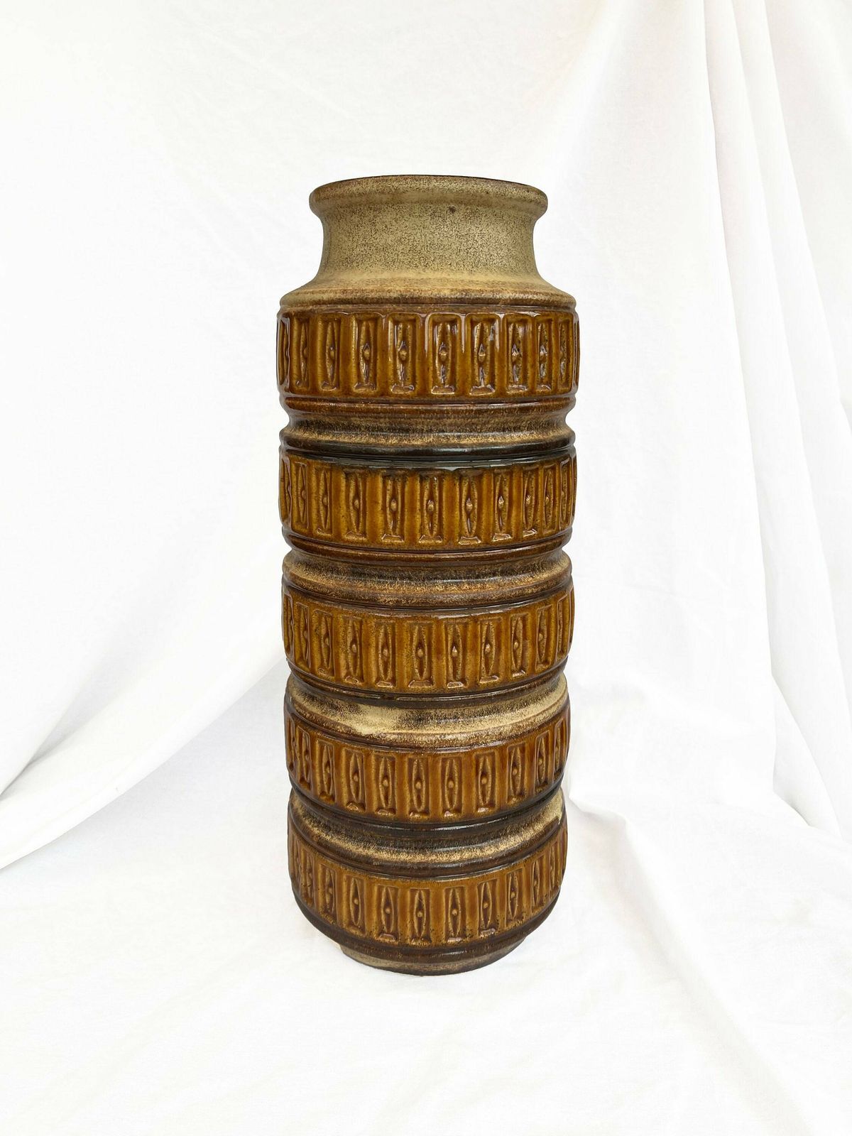 Large Five Rimmed Geometric West German Pottery Floor Vase In Cream, Ochre, Brown And Earthy Tones From Scheurich, 1970s 238 40