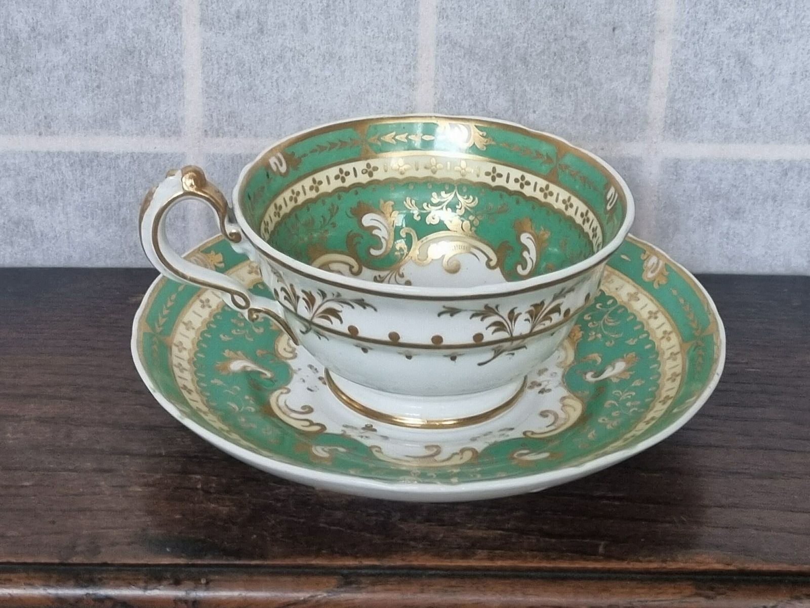 photo furniture Antique Tea Cup Saucer Green Floral Basket English Bone China