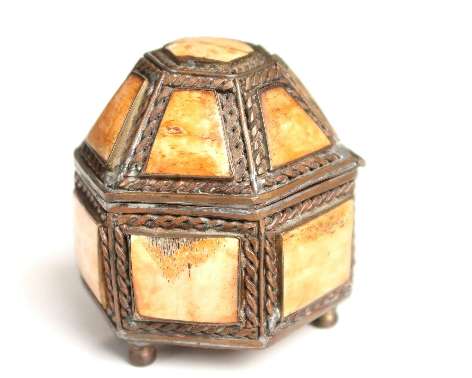 Moroccan Copper And Bone Geometrical Jewelry Box, 1960s / Orange, Chest, Case, Folk, Boho Chic, Bohemian, Morocco photo 96.0