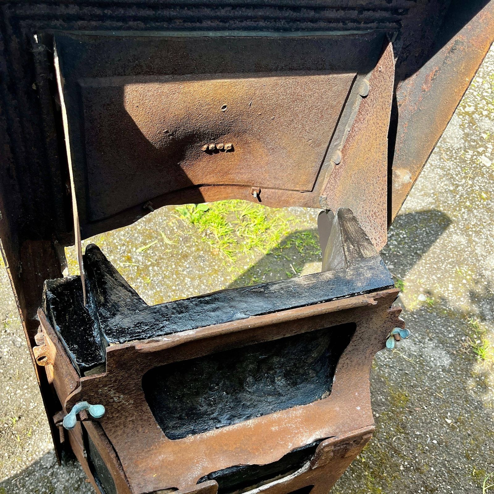 photo furniture Antique Victorian Art Nouveau Fireplace Pewter And Copper Accent, Cast Iron, Floral Design, Finial, Fire Grate, Period Home