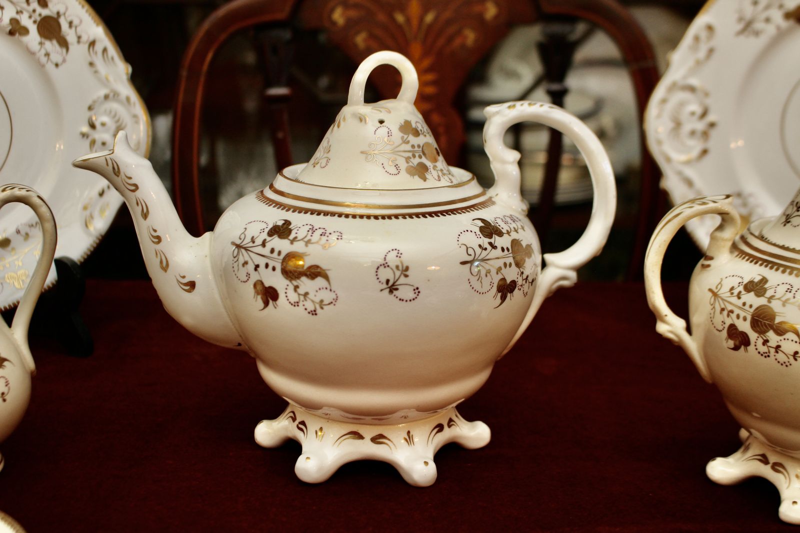 A Delightful C19th 8 Person Tea Set With Pot, Gilded Cream Porcelain photo furniture