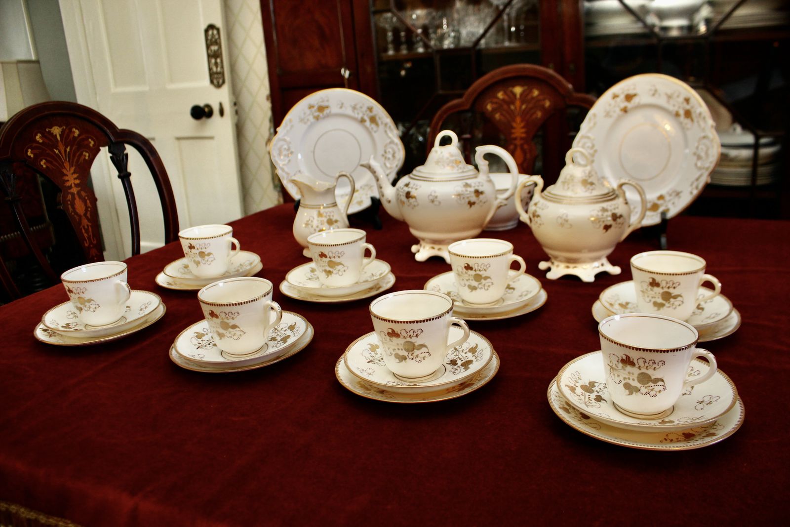 A Delightful C19th 8 Person Tea Set With Pot, Gilded Cream Porcelain